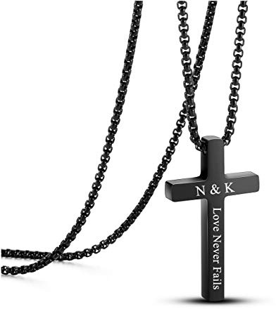 PiercingJak Kreuz Kette mit Gravur Edelstahl Kreuz Anhänger Halskette Christlich Religiöse Gebet Minimalist Schmuck Personalisierte Geschenke für Damen Herren, Silber/Schwarz