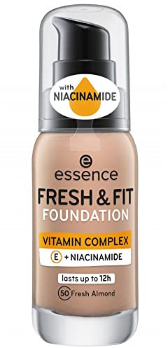 essence FRESH & FIT FOUNDATION, Make Up, Nr. 50 fresh almond, nude, pflegend, glättend, mit Vitaminen, natürlich, vegan, ohne Parabene, Mikroplastik Partikel frei (30ml)