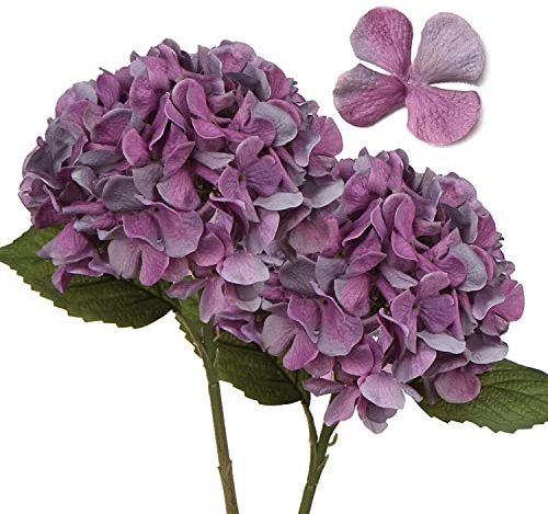 Hollyone 2 STK Hortensien Kunstblumen Violett, Ø 19cm Künstliche Blumen Wie Echt für Brauthochzeitssträuße, Haus, Büro, Hotel, Partydekoration, Mittelstücke, Blumenarrangements