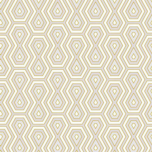 Retro Tapete weiß grau gold | Futuristische Vliestapete geometrische Muster | Wohnzimmer und Schlafzimmer Mustertapete im 70er Jahre Stil l 10,05 x 0,53 m