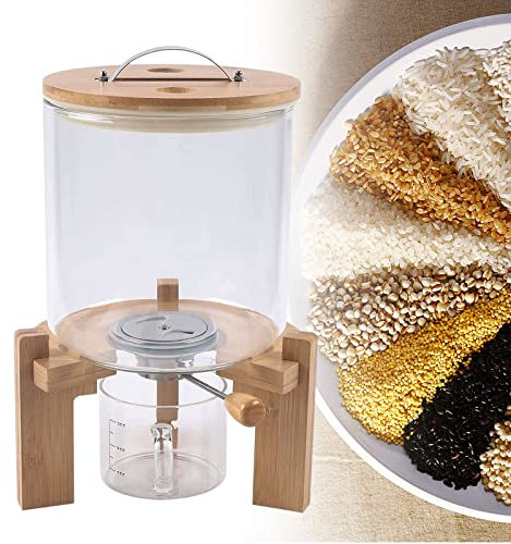 JTYDFG Rice Dispenser with Lids Airtight and Wooden Base - Food Storage Containers for Cereal Rice Bean Oatmeal Cornflakes Flour, Glass Kitchen Storage Containers for Fresh-keeping, 5L/8L