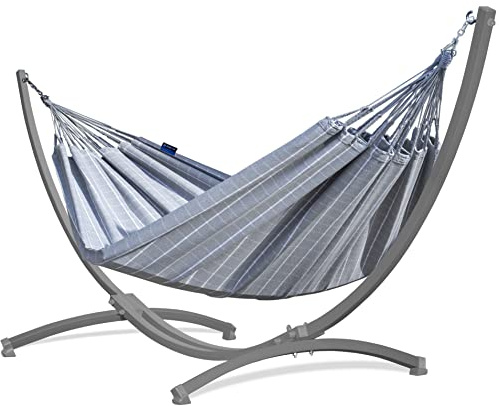 Potenza Outdoor Hängematte mit Gestell für 2 Personen I Catargo - Baumwolle Doppelhängematte XXL 220x160, 220kg I Hängemattengestell 220kg, wetterfest (Grau, Gestell Grau)
