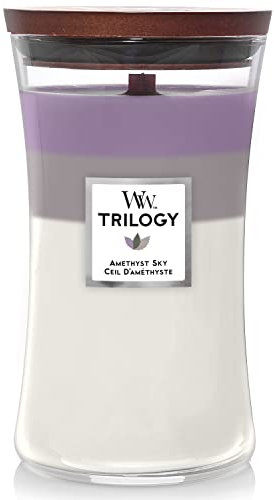 WoodWick, große Trilogy- Duftkerze in Sanduhrglas mit knisterndem Docht | Amethyst Sky | Brenndauer bis zu 130 Stunden