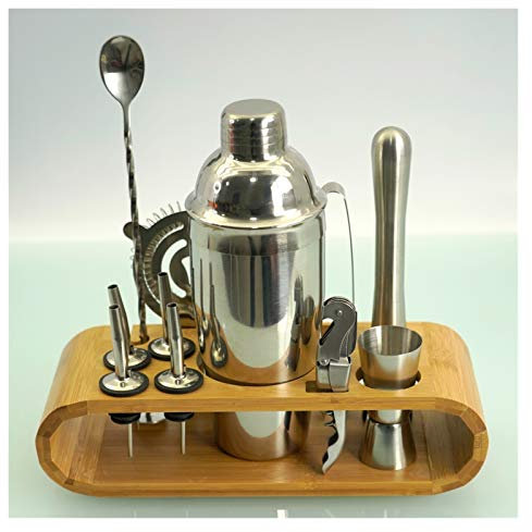 SHALOLY Cocktail Shaker Set 12-Piece Cocktail Shaker Set Stainless Steel Bartender Kit Mixer Drink Bar Tool Accessories Oval Bamboo Stand (Color : 550ML) (750ml)