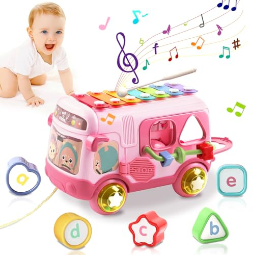 Toys for 1 8+ Months Girls Gift-Birthday Gifts for Girl,Musical Sensory Bus with Xylophone Shape Blocks Pull Along Toy Early Educational Montessori Baby Toys for 1-2 Year Old