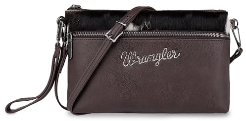Wrangler Western Umhängetasche aus Rindsleder für Damen, Clutch, Handgelenktasche, Cowhair-coffee, Einheitsgröße