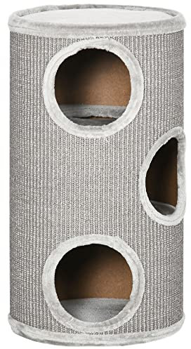 PawHut Kratztonne 70 cm Hoch Ø 38 cm dreistöckige Katzentonne mit Plüschrand, Katzenhöhle, Kratzbaum für kleine Katzen, Grau