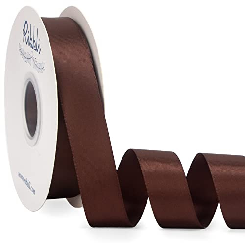 Ribbli Coffee Brown Satin Ribbon Double Faced Satin 1 inch x Continuous 50 Yards-Brown Ribbon for Gift Wrapping Crafts Wedding Decoration Bows Bouquet Floral Arrangement
