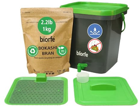 Biorfe Bokashi - Kit per compost per tutte le stagioni, compostaggio per principianti, bidone da cucina Bokashi, contenitore per compostaggio con crusca di compost da 1 kg, riciclatore alimentare per