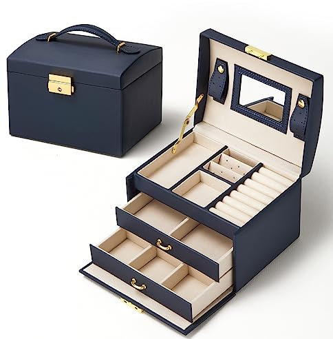 Mondeer Schmuckkasten, Schmuckkästchen mit 3 Ebenen, PU Leder, Abschließbarer Schmuckkästen mit Spiegel, Schmuckkasten mit Schubladen, Geschenk für Mädchen und Damen, Dunkelblau