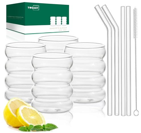 twoant Bicchieri a Costine | 350 ml | Set da 4 Pezzi | Bicchieri Cocktail Vetro Bicchieri Gin Tonic Long Drink Tumbler Highball per Mojito, Succo di Frutta, Acqua Trasparenti