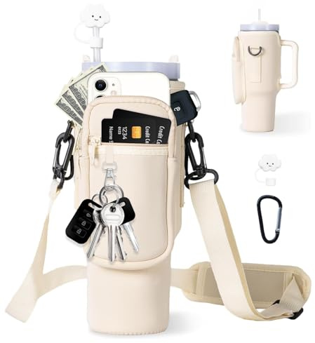 Bolsa de transporte para botella de agua con bolsillo para teléfono Stanley de 40/30 onzas, bolsa de neopreno para botella de agua con correa ajustable y cubierta para popote (Albaricoque, 30OZ)