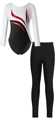 iEFiEL Mädchen Turnanzug Glitzer Gymnastik Leotard Langarm Akrobatik Anzug Tanzkostüme Turnbody Jumpsuit mit Sport Leggings