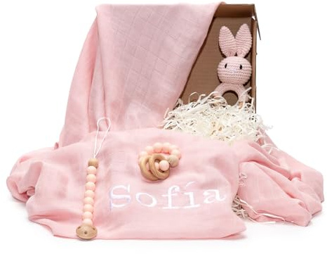 Organisches Geschenkset für Neugeborene | Farbe: Pink | Musselin + Häkel-Hase Rassel + Schnuller und Beißring aus Silikon + Personalisierbar mit Babyname | BebeDeParis