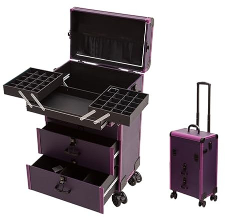 Professionell Schminkkoffer Groß Kosmetikkoffer Mit Rollen, Kosmetikkoffer Alu Beauty Case, Artist Train Case Trolley Makeup Organizer, Schwarz Kosmetikkoffer Mit Schubladen (Color : Purple)