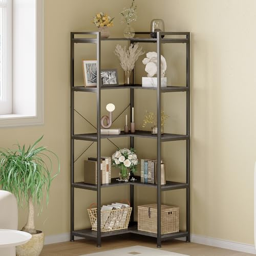 VEDECASA 5-Shelf Corner Bookshelf Large Modern Corner Bookcase Black Freestanding Deformable L Shaped Shelf with Metal Frame for Living Room Home Office Study Room Bedroom Rustic Grey