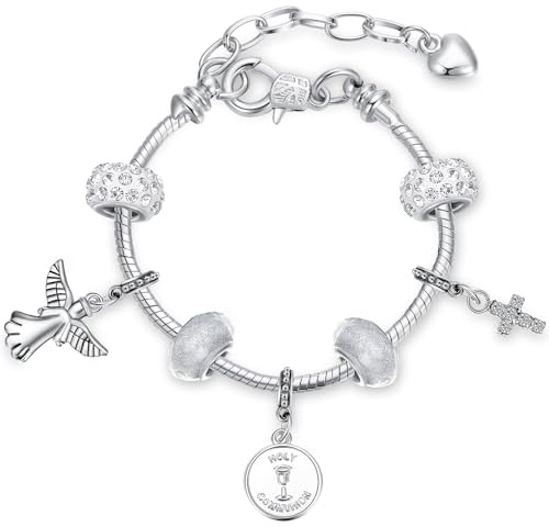 Herdear Erste Heilige Kommunion Armband mit Anhänger für Mädchen Glitzer Erstkommunion Geschenke Kommunion Armkette mit Gravur für Mädchen (Stilvoller Stil)