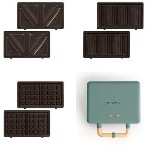 CREATE/STONE STUDIO/Doppelter Sandwichmaker und Grill in Salbeigrün / 3 austauschbare Platten: Grill, Waffel und Sandwich, Antihaftbeschichtung, 100º Öffnung, 2 Scheiben, Retro-Stil, 800W