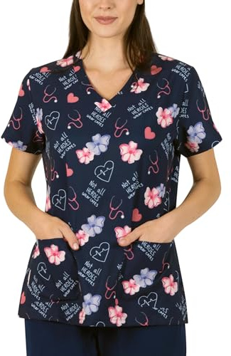 B-well Isabella Tunique Médicale Femme Tenue Infirmiere Professionnelle Blouse Medicale avec Motif, Manches Courtes et col en V, Héros, M