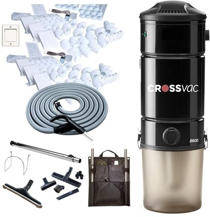 crossvac Zentralstaubsauger Set Large B600 - Zentralstaubsauger Gerät B600 - Schlauch-Set On/Off 15,2 Meter - 6X Saugdosen - 30 Meter Vakuumrohr - Installationsmaterial wie Fittings & Co.