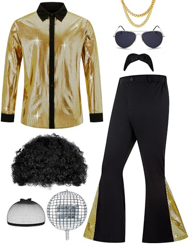 Ragelion Costume disco rétro des années 70 pour homme - Costume hippie - Chemise et pantalon évasé - Pour carnaval ou fête à thème