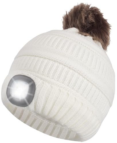 Shedoo Mütze mit LED Licht für Herren Damen, Hände Frei Strickmütze mit USB Nachladbare Licht, Warme Weihnachten Beleuchtete Mütze, Beanie Wintermütze für Joggen, Wandern, Laufen, Radfahren - Weiß