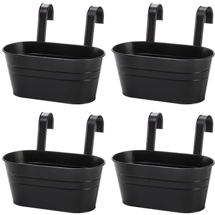Hniuyun 4 Pcs Hanging Flower Pots, Metal Iron Plant Pots for Railing Fence Hanging Bucket Pots Window Flower Plant Holder with Detachable Hooks Garden Home Decor (Black)