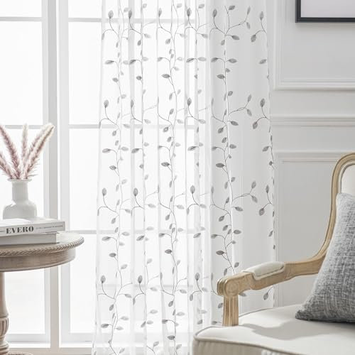 ANAZOZ Scheibengardinen 132 Breit, Bistrogardine 2er Set Kurz mit Gestickten Blättern, Gardinen Vorhänge Stangendurchzug 132x114.5cm