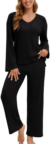 LEYSHE Survêtement 2 Pièces pour Femme Vêtements De Détente À Manches Longues Ensemble Col en V Chic Et Élégant Pyjama d'hiver Côtelé pour Femme,Noir,S
