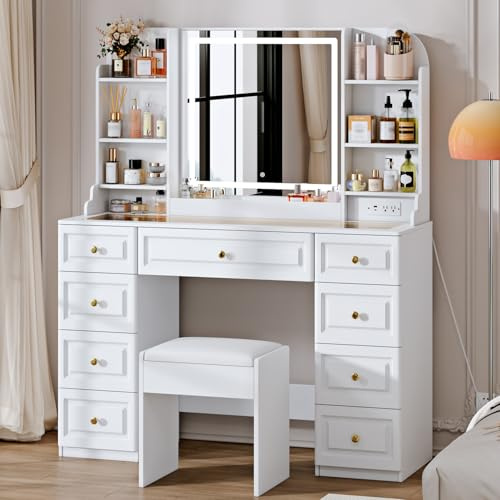 Arulvmrn 43 Makeup Vanity Desk with Mirror and Lights, & Power Outl, Glass Top Big Vanity Table with 9 Drawers& 8 Storage Shelves, Dressing Table Set with Chair for Bedroom, White