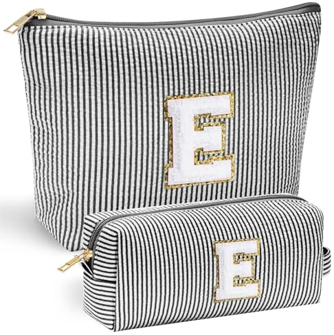Mateju Schwarze Buchstaben Kosmetiktasche, Kulturtasche Damen, Großes Tragbare Kulturbeutel, 2Pcs Make up Tasche, Kosmetiktasche Klein mit Reißverschluss für Tägliche Reisen (E)