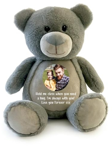 Oso de recuerdo personalizado con foto cómoda, color gris, foto y mensaje personalizados, regalo de condolencias, recuerdo, 42 cm de alto (gris)