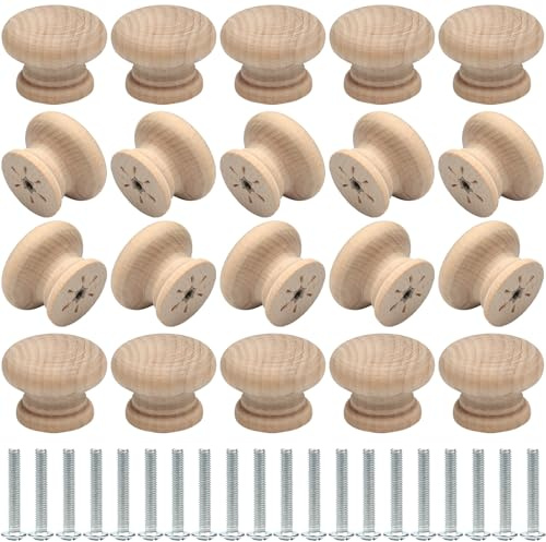 Roellgs20PCS Wooden Knob, 35MM Round Vintage Drawer Knob, Wooden Kitchen Cabinet Door Drawer Handle, Wardrobe Furniture Screw Door Handle (35mm)