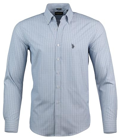 U.S. Polo Assn. Slim Fit Long Sleeve Button Down Dress Shirts for Men Wrinkle Free Long Sleeve Shirt Mens Formal Stretch Blue Plaid