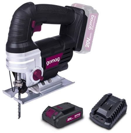 Gomag STS220 20V Akku Stichsäge SET | 100mm Schnitttiefe (Holz), 8mm (Kunststoff), 6mm (Metall) | 145mm Sägeblattlänge | 19mm Hubhöhe | 7-Schnittwinkel | LED | inkl. 1xSägeblatt, 2Ah Akku & Ladegerät