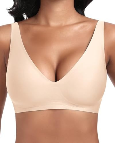 Jiuday Tiefer V Push Up BH Damen ohne Bügel Bequemer Jelly BH für Große Brüste Starker Halt Seamless Soft Bra Bügelloser Gepolstert Nahtloser Glatter Bralette (Beige,L)