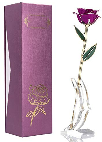 Ejoyous Rosa Violeta Eterna, Flores Preservadas Reales Bañadas en Oro 24K con Hoja y Soporte en Caja, Artificial para Aniversario, Cumpleaños, Día de la Madre y San Valentín