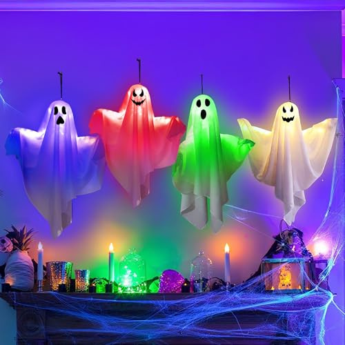 HuaMuDM 4 Stück Geist Hängen Geistergesicht Mit Lichter, LED Hängende Geister, Halloween Deko Geister, Halloween Geister Mit LED Lichtern, Hängende Geister Dekorationen