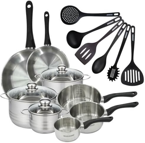 Fackelmann Batterie inox 2 poêles 20/28 cm, casseroles et faitouts | Batterie complète en inox pour équiper toute la cuisine, 2 poêles 3 casseroles 3 faitouts, 0 55 L à 5 4 L, 3 ans, Sans PFAS