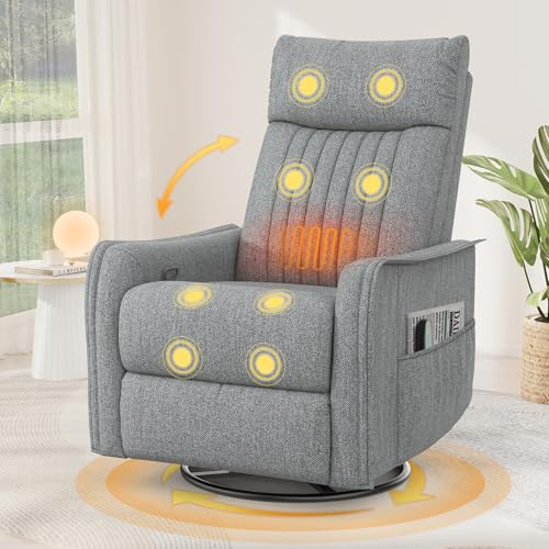 Srfzluxy Fernsehsessel Massagesessel mit Liegefunktion, Relaxsessel mit Wärme und Massage, 360°Drehbarer TV Sessel Wohnzimmer, Schaukelstuhl mit Gepolsterte Kopfstütze, 2 Seitentaschen