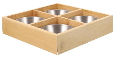 Veemoon Plateau de Service Compartimenté en Naturel 4 Cases avec Rond en Acier Inoxydable Argenté – Plat pour Fondue Barbecue et Présentation de Viandes Légumes et Sauces – Réutilisable