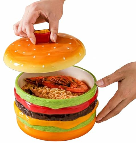 Hamburgare keramisk ramen skål med lock 1350 ml ramenskål för soppa snacks frukt som dekoration för kök och hushåll samt för förvaring av nycklar och småpengar