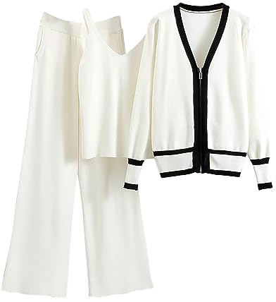 Set da 3 pezzi da salotto per le donne Set di maglione lavorato a maglia a maniche lunghe con zip cardigan con scollo a V canotta pantaloni a gamba larga primavera autunno tuta aeroporto viaggi Co Ord