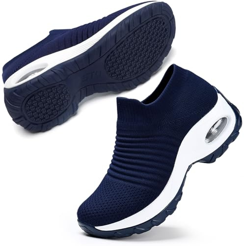 STQ Walking Shoes Women Slip on Sneakers Tennis Work Non Slip Arch Support Orthopedic Comfortable Nursing Plantar Fasciitis Breathable Mesh Fashion Ladies Navy 8
