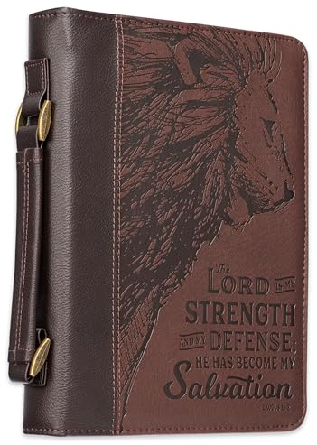Christian Art Gifts Men's Classic Bible Cover The Lord is My Strength Lion Exodus 15:2, Brown Faux Leather, Large