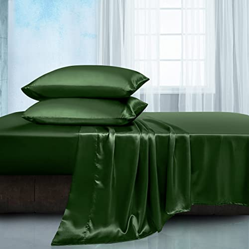 Manyshofu Satin Bed Linen Set - Queen, 4 Piece, Emerald Green, Soft Silky Sheets, Luxury Bedding