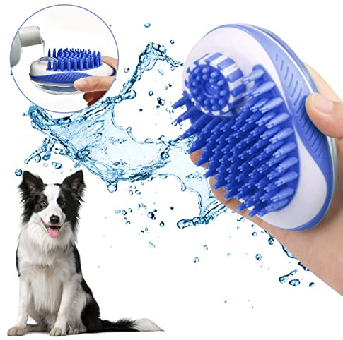 Fur Magic Dog Bath & Shower Brush with Shampoo Dispenser, Long & Short Hair | Blue, massage & grooming brush, soft bristles, gentle on skin, for dogs & cats with long, med & short hair, reduce shedding