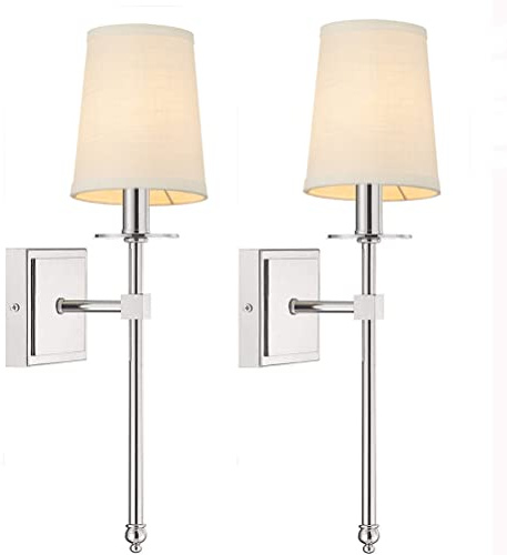 Wandleuchte Innen Chrom Wohnzimmerlampe Stoffschirm, Nachttisch Wandlampe 2er set, 1 x E27 bis max. 60W Up Down Wandbeleuchtung aus Metall und Textil Modern Lampen für Hotel Schlafzimmer Treppe Flur
