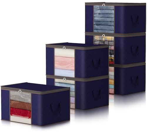 Lifewit 6 Stück 90L Aufbewahrungstasche, Aufbewahrungsbox mit Deckel, Groß Kleideraufbewahrung Umzugskartons, Faltbare Aufbewahrung Boxen für Bettdecken Kleidung Unterbett Kleiderschrank, Blau
