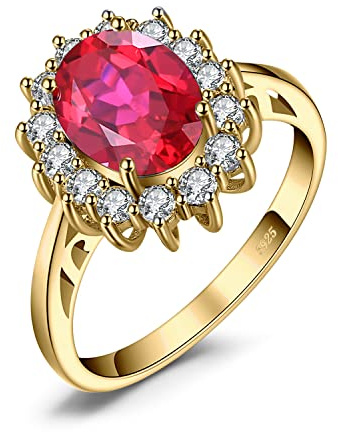JewelryPalace Princess Diana Kate Middleton Gemstone Birthstone Red Ruby Halo Statement Engagement Rings for Women, 14K Yellow Gold Plated 925 Sterling Silver Promise Rings for Her Size 8